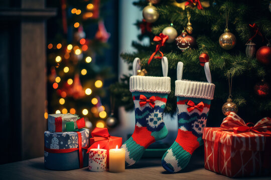 Festive Stockings: Christmas Socks with Gifts and Candles by the Tree
