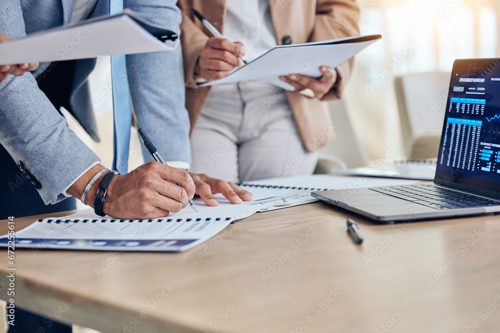 Poster hands, documents and laptop with chart for group, crypto and investment with analysis in office. bus