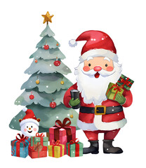 Santa Claus with gifts and cartoon decorations. on Christmas and New Year gift concept.