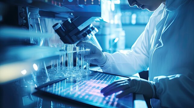 Laboratory techniques: Images portray scientists using tools such as PCR, gene sequencing, or protein analysis methods in biotechnological research