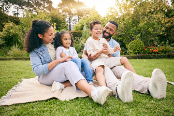 Picnic, nature or happy family relax, laugh or enjoy outdoor quality time together, funny joke and...