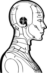 Hand-drawn AI Humanoid Robot Vintage Outline Icon