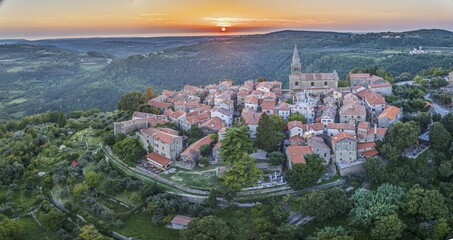 Drone panorama over the historic artists' town of Groznjan in central Istria at sunset