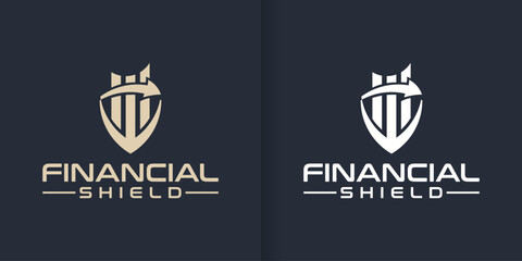 collection of logo designs for safe investments with shield shapes and financial diagrams - obrazy, fototapety, plakaty