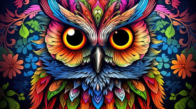  a colorful owl with big eyes is shown in this image.  generative ai