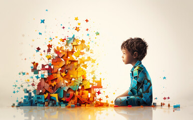 ADHD, attention deficit hyperactivity disorder, mental health, child with pile of colorful jigsaw or puzzle pieces - obrazy, fototapety, plakaty