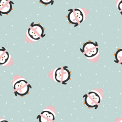 Fototapeta premium Christmas seamless pattern with penguins and christmas tree balls. Print for wrapping paper, pattern fills, winter greetings, web page background, Christmas and New Year greeting cards