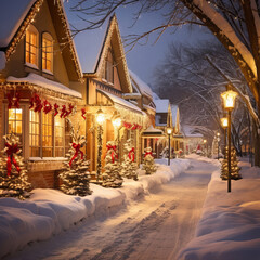 Fototapeta premium a christmas scene of a snowy street with lit up houses