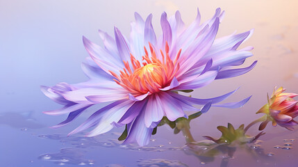  a purple flower with a yellow center is in the water.  generative ai