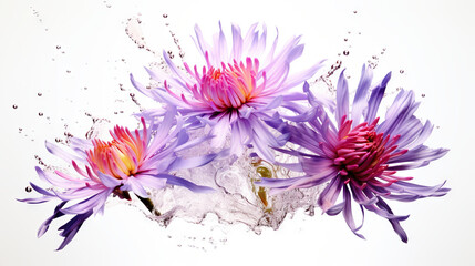  three purple flowers with water splashing out of them on a white background.  generative ai