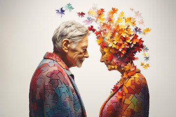 Parkinson´s disease, Alzheimer awareness day, dementia diagnosis, memory loss disorder, brain with puzzle pieces, senior couple