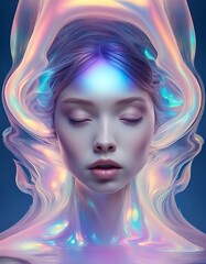 portrait of a young woman with eyes closed surrounded by luminous iridescence, dreaming, psychic
