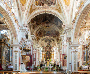 Fototapeta na wymiar interior of the romanesque church of the Augustinian Canons Regular monastery of Novacella - Varna, Brixen (Bressanone), South Tyrol, northern Italy, Europe, Juni 12, 2023
