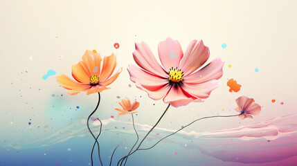  a painting of three pink flowers on a blue and pink background.  generative ai