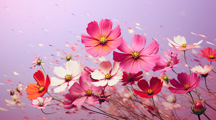  a bunch of pink and white flowers on a purple background. generative ai