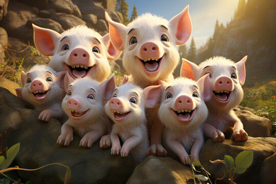 Happy pig family on the meadow in the mountains, funny pink piglet, animals on the farm