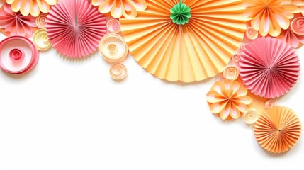 Colored paper orange pink decorations in the form of a round fan for a children's holiday party or wedding photo shoot on a white isolated background