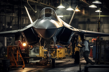 Aviation engineer performing maintenance on a modern jet fighter inside a military hangar. - obrazy, fototapety, plakaty