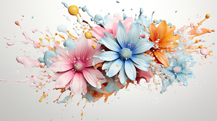  a bunch of flowers that are on a white surface with paint splatters.  generative ai