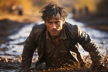 Man stumbling and falling into a puddle, clothes dirty with mud, awkward moment, embarrassing situation