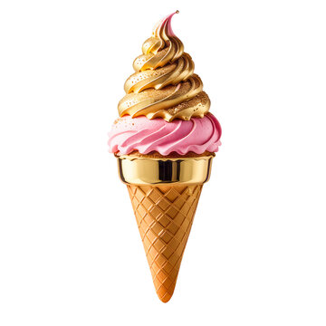 Luxurious Golden Strawberry Gelato Cone, Clear Isolation, Sweet Treat Image