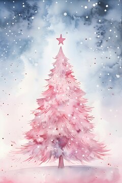 AI generated illustration of A pink Christmas tree illuminated by a bright star at its center