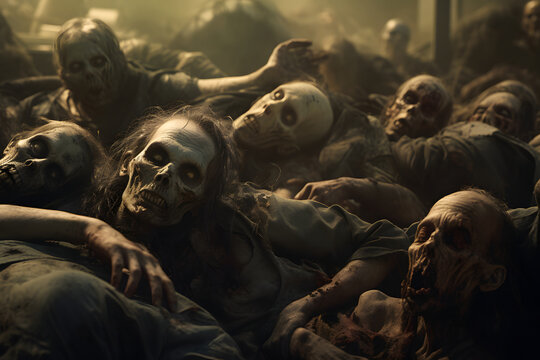 group of zombies sleeping on the floor one over another. Not based on any actual person, scene or pattern.