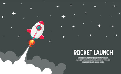 Rocket launch. Vector illustration of a rocket flying above the clouds. Business and technology startup concept designed in flat and minimalistic cartoon style.