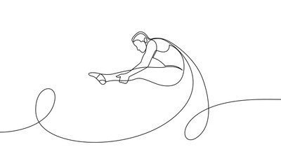 Single continuous drawing of an athlete performing complex twists and somersaults. Trampoline. One line vector illustration