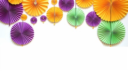 Colored paper orange purple decorations in the form of a round fan for a children's holiday party or wedding photo shoot on a white isolated background