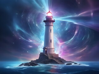 A lighthouse with a beam of holographic images, guiding the way to a future where dreams are the blueprint of reality.Generative AI - obrazy, fototapety, plakaty