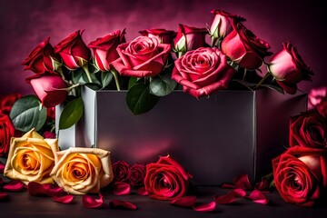 Beautiful roses in gift box on color background