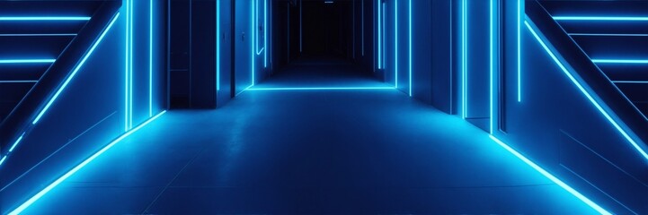 Abstract blue tunnel illuminated by blue neon lights. Futuristic background with with blue glowing lights and empty space. Futuristic banner.