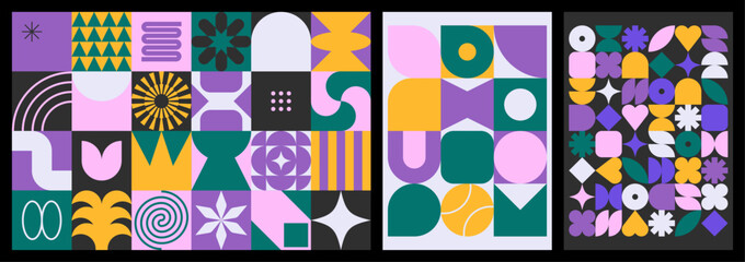 Set of neo geometric patterns with brutalist shapes. Modern, minimalist figures and symbols. Abstract flat vector illustrations for background, poster, cover, branding or web.