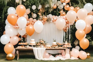 Creative gender neutral baby shower or birthday decoration in the garden. Bohemian style outdoor event set up with balloons. White cream peach caramel balloon arch kit