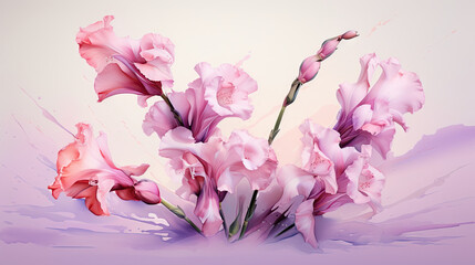  a bunch of pink flowers on a purple background with a splash of paint.  generative ai