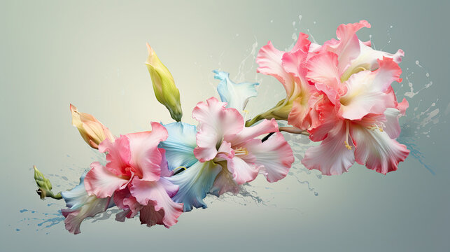  a bunch of flowers that are in the air with paint splatters on them.  generative ai