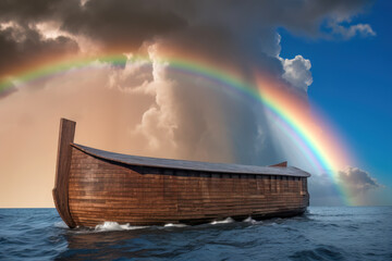 Arche Noah im Meer mit Regenbogen