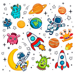 set of cosmos in doodle style: astronaut, planets, stars, rocket and alien, monster for design. Science space exploration. 
