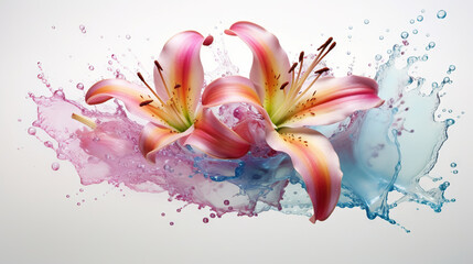  a group of pink and blue flowers with water splashing on them.  generative ai
