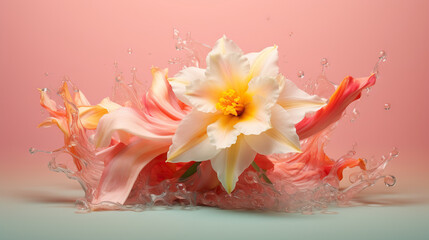  a white and yellow flower splashing into water on a pink background.  generative ai