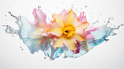  a yellow and pink flower is floating in the water on a white background.  generative ai
