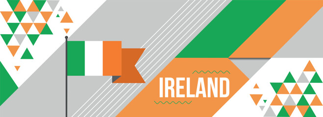 Ireland national or independence day banner design for country celebration. Flag of Ireland with modern retro design and abstract geometric icons. Vector illustration.