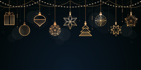 Naklejka premium Christmas and Happy New Year banner with golden decorations