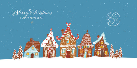 Fototapeta premium Christmas greeting card with gingerbread cookie houses, crescent moon and snowflakes on blue night sky background. Vector illustration