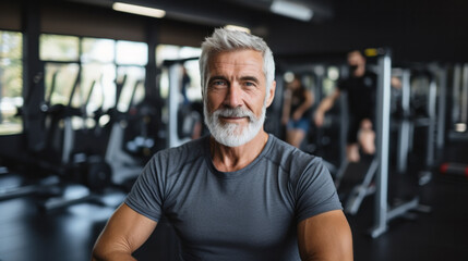 Fototapeta premium Senior man in gym working out with weights.