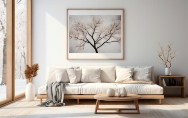 Modern living room in a natural Scandinavian style with large windows on winter. AI Generative
