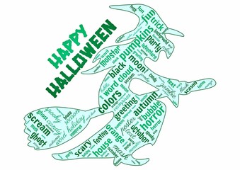 Digital illustration of a word cloud design of a witch for Halloween