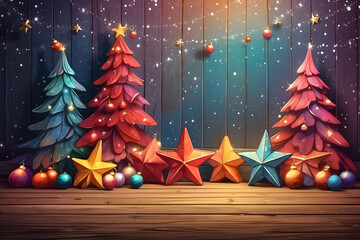 Colorful Christmas trees, stars and balls in front of a wall made of wooden panels