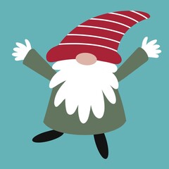 Happy Christmas gonk. This fun gnome like character has a big bushy beard, colourful clothing and a quirky striped hat. He is in an excited, lively pose. Contemporary design for the festive season.